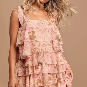 Rowen Blush Pink Floral Print Tie-Strap Ruffled Mini Dress